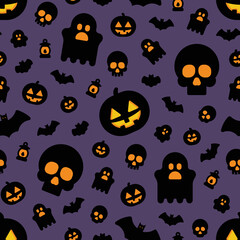 Spooky Halloween seamless pattern with jack-o-lantern on purple background