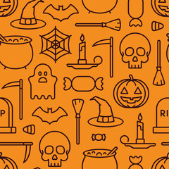 Halloween seamless pattern of line icons on orange background