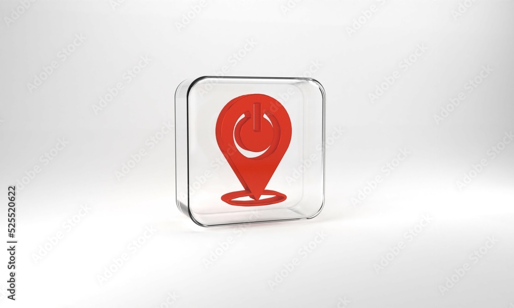 Poster red power button icon isolated on grey background. start sign. glass square button. 3d illustration 