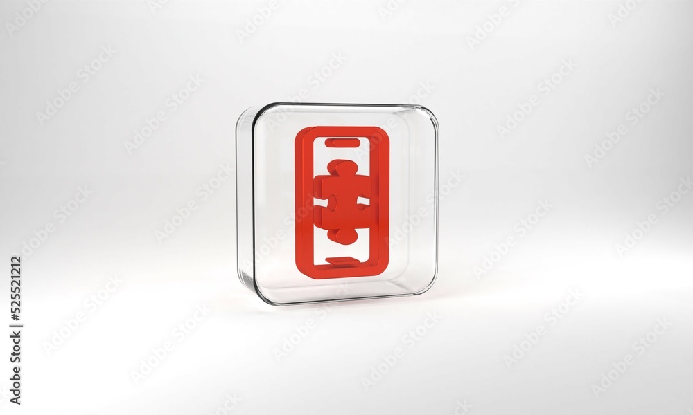 Poster Red Smartphone and playing in game icon isolated on grey background. Mobile gaming concept. Glass square button. 3d illustration 3D render