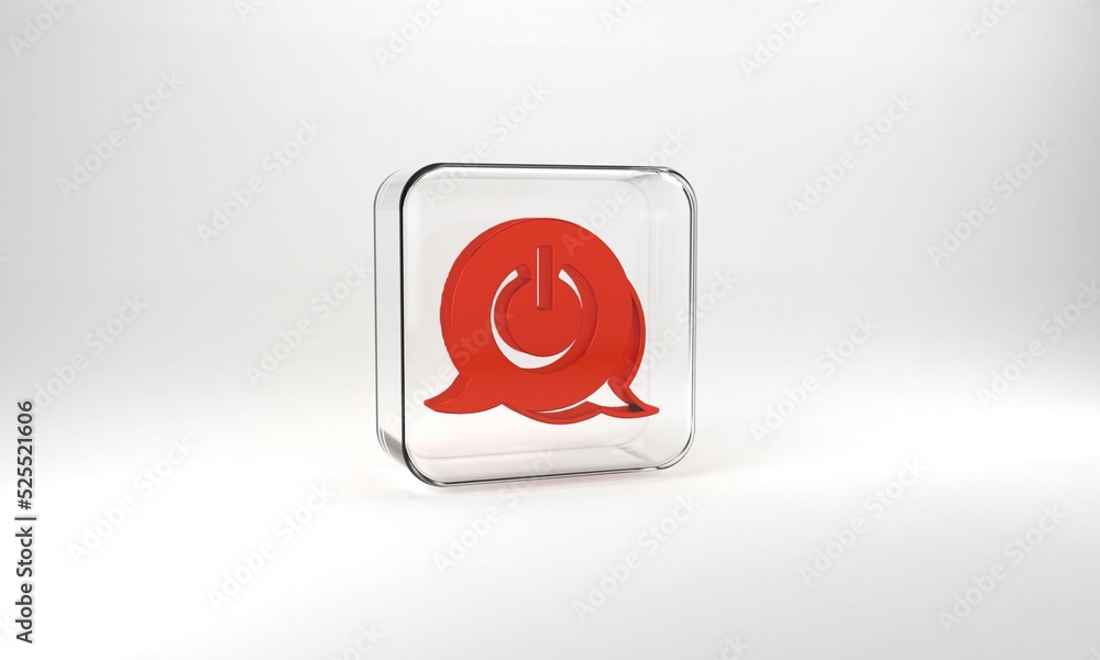 Poster red power button icon isolated on grey background. start sign. glass square button. 3d illustration 