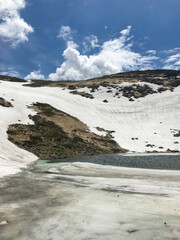 Lake and snow in mountains