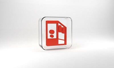 Red Case of computer icon isolated on grey background. Computer server. Workstation. Glass square button. 3d illustration 3D render