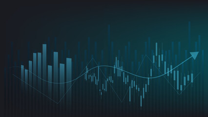 economy situation concept. Financial business statistics with bar graph and candlestick chart show stock market price and currency exchange on dark green background