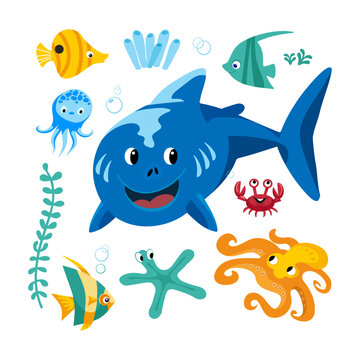 Set of sea creatures, funny shark and fish, octopus and crab. Nature and ocean algae. Vector illustration in cartoon style.