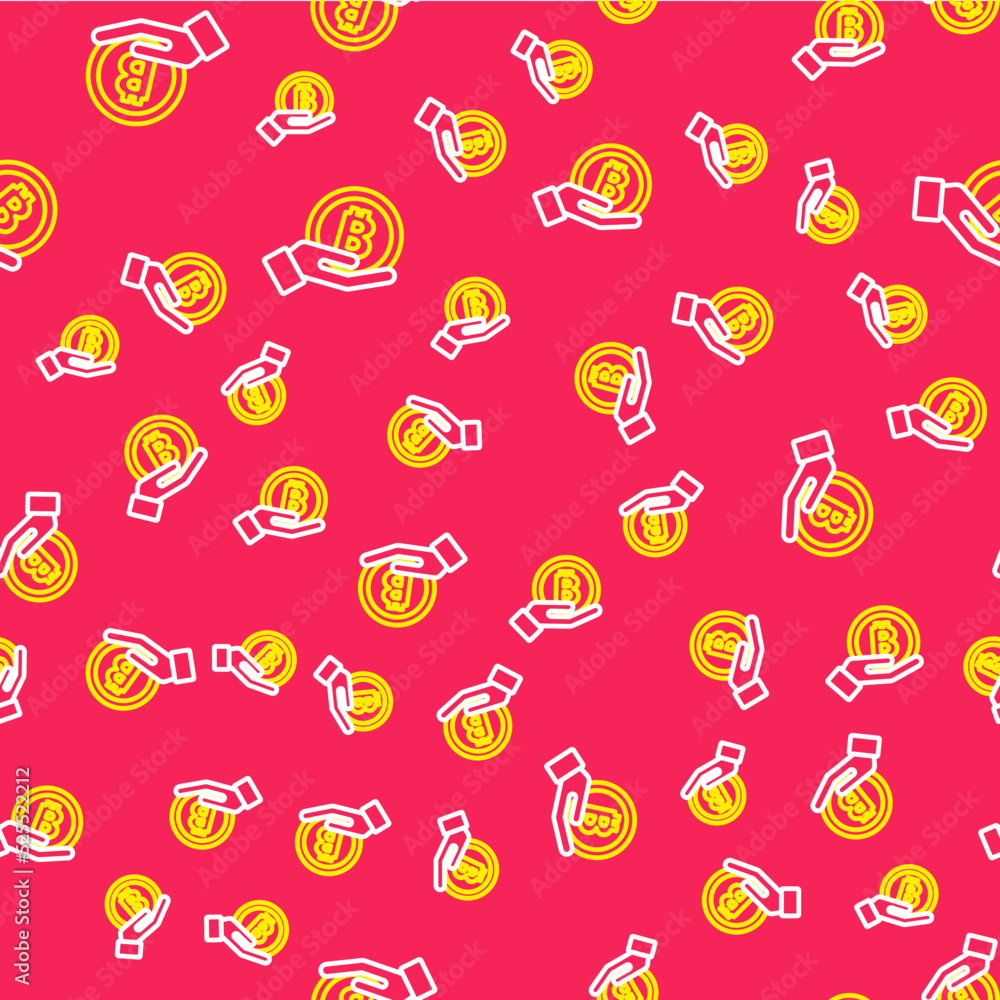Poster line hand holding bitcoin icon isolated seamless pattern on red background. blockchain technology, d