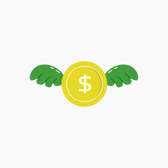 Dollar coin with wings flat style illustration.
