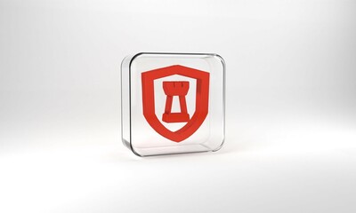 Red Chess shield icon isolated on grey background. Business strategy. Game, management, finance. Glass square button. 3d illustration 3D render