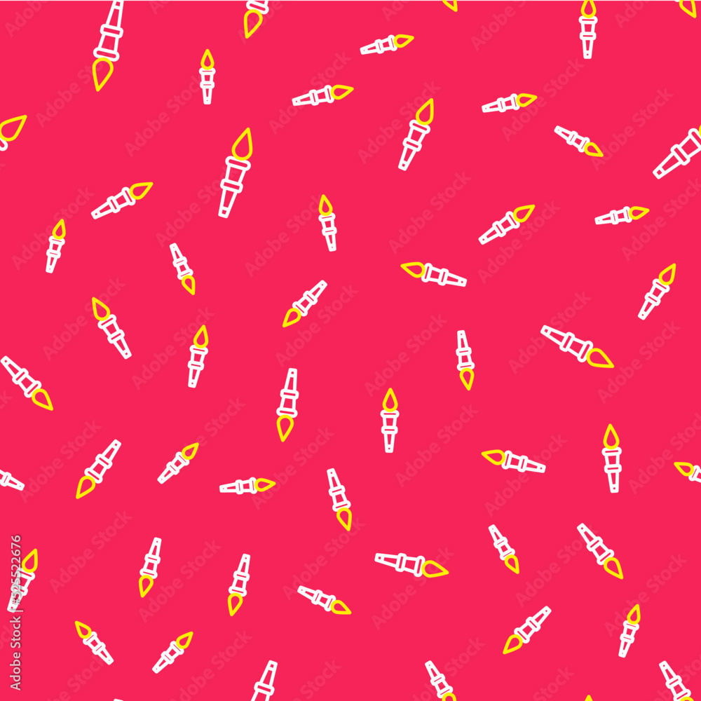Poster line torch flame icon isolated seamless pattern on red background. symbol fire hot, flame power, fla