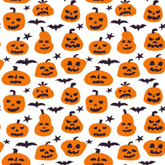 Seamless pattern with cute pumpkins for Halloween. Hand drawn vector illustration.