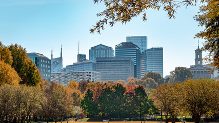 View of downtown Nashville from Capitol State City Park with colorful autumn trees