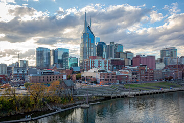 Downtown Nashville city skyline river view on a cloudy day
