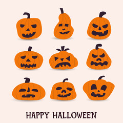 Set of elements for the Halloween holiday with pumpkins. For greeting cards, party invitations, tags, stickers. Vector hand drawn.