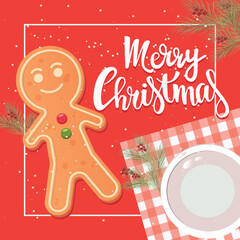 Festive Christmas card invitation banner template, gingerbread on a red background with snow, napkin and plate ith lettering Merry christmas