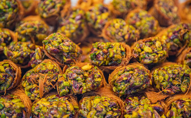 Closeup many kinds pistachio baklava Turkish traditional dessert