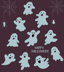 Set of elements for Halloween holiday with cute ghosts. For greeting cards, party invitations, tags, stickers. Vector hand drawn.
