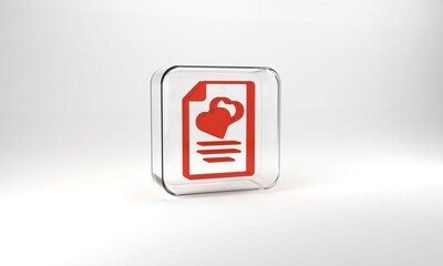 Red Marriage contract icon isolated on grey background. Wedding certificate. Glass square button. 3d illustration 3D render