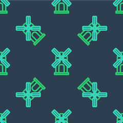 Obraz premium Line Wind turbine icon isolated seamless pattern on blue background. Wind generator sign. Windmill for electric power production. Vector
