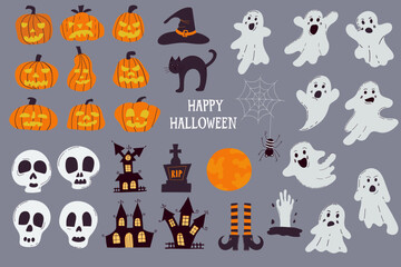 Set of elements for Halloween with pumpkins and cute ghosts. For greeting cards, party invitations, tags, stickers. Vector hand drawn.