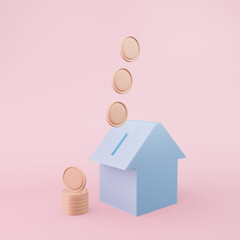 Coin into house piggy bank pink background. Realistic 3D illustration investment financial concept business