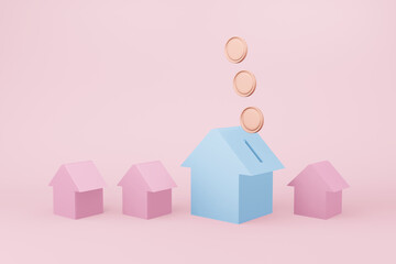 Coin into blue house piggy bank pink background. Realistic 3D illustration investment financial concept business