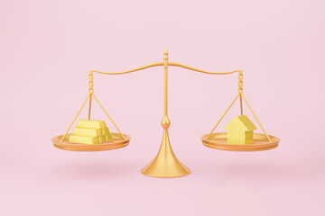 Gold and house in balance scale pink background. Realistic 3D illustration investment financial concept business