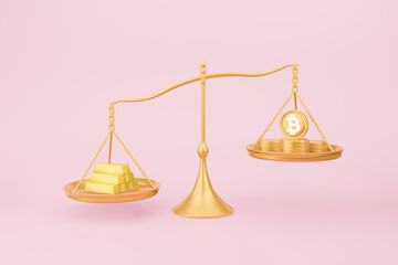 Gold appreciation against bitcoin in balance scale pink background. Realistic 3D illustration investment financial business concept