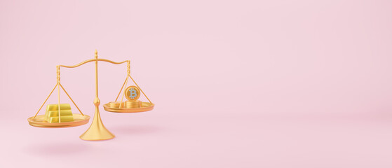 Gold appreciation against bitcoin in balance scale pink background. Realistic 3D illustration investment financial concept business