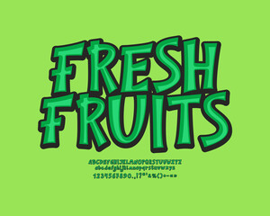 Green food banner Fresh Fruits with colorful green text and vector font set cartoon style