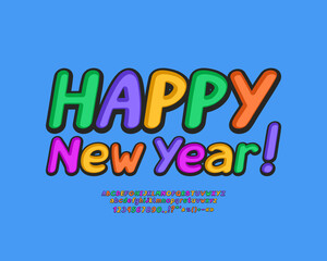 Greeting card Happy New Year with decorative multicolor text on blue background