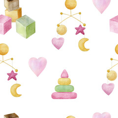 Seamless pattern with babies toys.