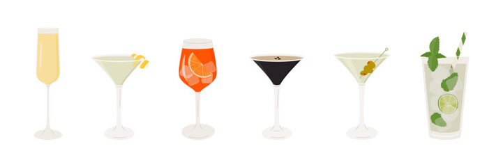 Set of classic cocktails. Different alcoholic drinks in various glasses. Summer aperitif. Mojito with mint, Martini with olives, Aperol Campari Spritz. Vector flat illustration of alcohol beverages. - obrazy, fototapety, plakaty