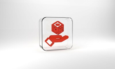 Red Game dice icon isolated on grey background. Casino gambling. Glass square button. 3d illustration 3D render