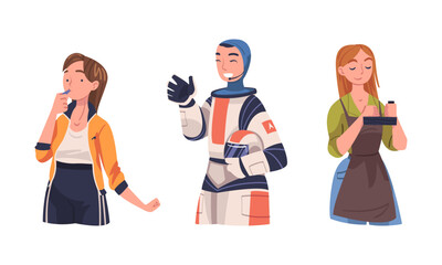 Women of different professions set. Woman working as coach, astronaut, carpenter cartoon vector illustration