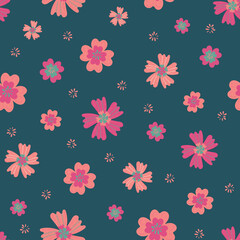 Abstract tropical flower vector seamless pattern background. Modern folk art stitch effect style pink teal florals backdrop. Jungle flower design.Botanical rainforest flowers repeat