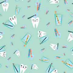 Kawaii tooth kids dental care vector educational seamless pattern background. Cute cartoon characters with toothbrush, tooth paste, brushing teeth. Fun children oral health blue white repeat.