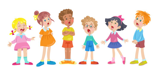 Six cheerful children of different nationalities sing a song. Three little girls and three boys stand together. In cartoon style. Isolated on white background. Vector flat illustration.