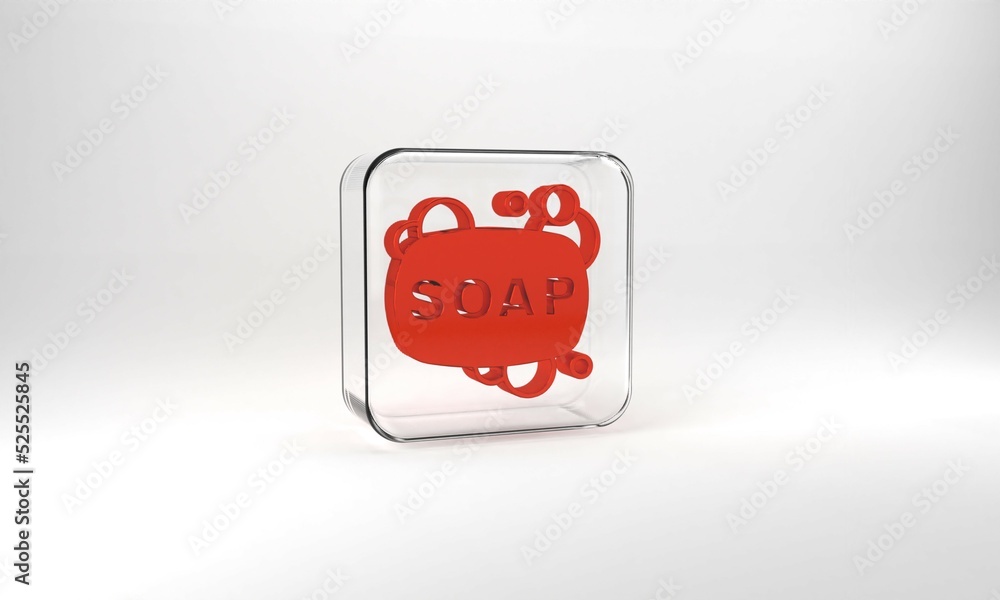 Poster red bar of soap icon isolated on grey background. soap bar with bubbles. glass square button. 3d ill