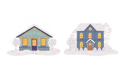 Wooden houses in winter landscape with glowing windows and snowy rooftops flat vector illustration
