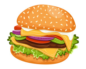 Hamburger. Bun, patty, tomato, cheese, salad greens, onions, sauce.  Fast Food. Graphics. Cartoon. Vector. Close-up. 