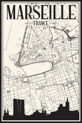 Light printout city poster with panoramic skyline and hand-drawn streets network on vintage beige background of the downtown MARSEILLE, FRANCE