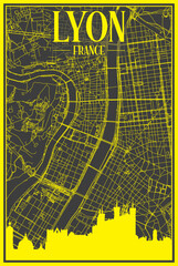 Yellow printout city poster with panoramic skyline and hand-drawn streets network on dark gray background of the downtown LYON, FRANCE