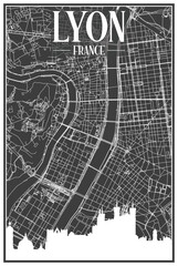 Dark printout city poster with panoramic skyline and hand-drawn streets network on dark gray background of the downtown LYON, FRANCE