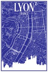 Technical drawing printout city poster with panoramic skyline and hand-drawn streets network on blue background of the downtown LYON, FRANCE
