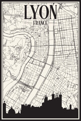 Light printout city poster with panoramic skyline and hand-drawn streets network on vintage beige background of the downtown LYON, FRANCE
