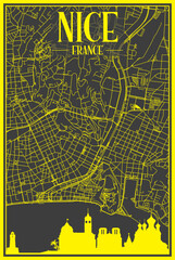 Yellow printout city poster with panoramic skyline and hand-drawn streets network on dark gray background of the downtown NICE, FRANCE