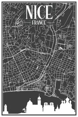 Dark printout city poster with panoramic skyline and hand-drawn streets network on dark gray background of the downtown NICE, FRANCE