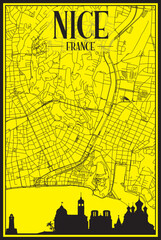 Golden printout city poster with panoramic skyline and hand-drawn streets network on yellow and black background of the downtown NICE, FRANCE