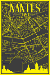 Yellow printout city poster with panoramic skyline and hand-drawn streets network on dark gray background of the downtown NANTES, FRANCE