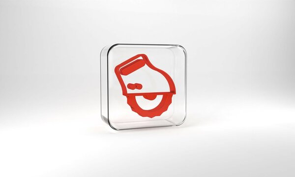 Red Electric circular saw with steel toothed disc icon isolated on grey background. Electric hand tool for cutting wood or metal. Glass square button. 3d illustration 3D render